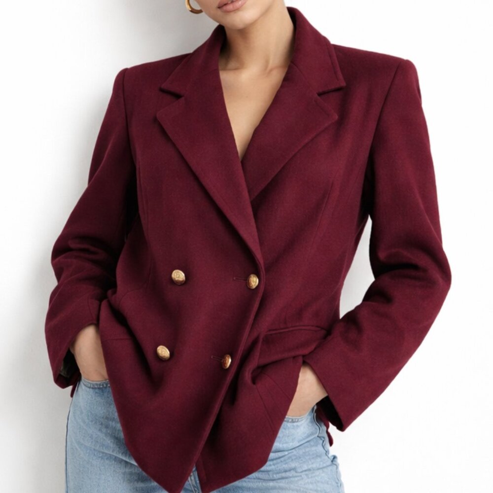ADA Wool Blend Double Breasted Coat Womens 11 12 Burgundy Made in Canada 401467A